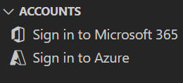 Captura de pantalla que muestra la opción Iniciar sesión en Microsoft 365 y Azure en CUENTAS en el kit de herramientas de Teams para Visual Studio Code.