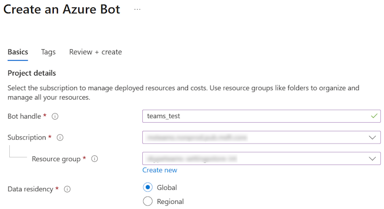 Captura de pantalla que muestra el grupo de recursos de opción y la suscripción en Azure Portal.