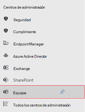 Captura de pantalla de la opción Centros de administración con Teams resaltada en rojo.