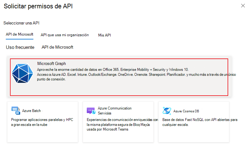 Captura de pantalla que muestra la opción para seleccionar Microsoft Graph.