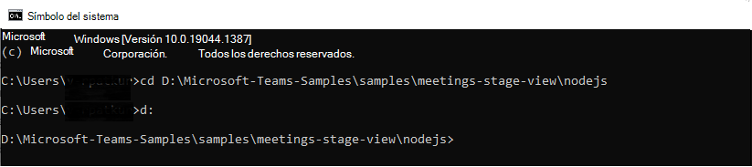 Captura de pantalla que muestra la ubicación de la carpeta nodejs abierta en el símbolo del sistema.