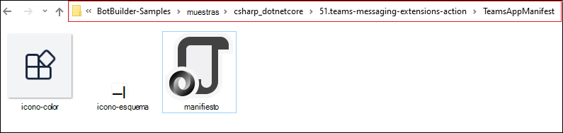 Captura de pantalla de la carpeta Manifiesto de aplicación de Teams con la ruta de acceso del archivo y el archivo de manifiesto resaltados en rojo.