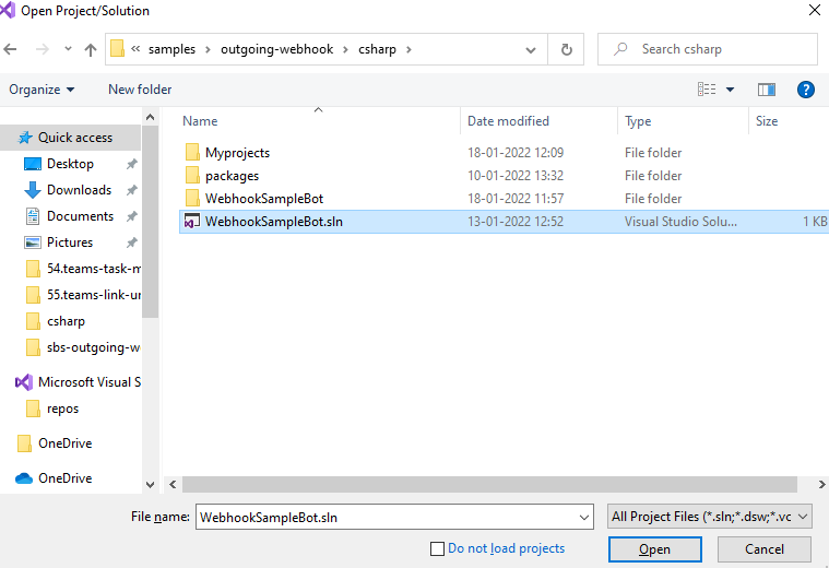 Captura de pantalla que muestra cómo seleccionar WebhookSampleBot.sln de la carpeta csharp.