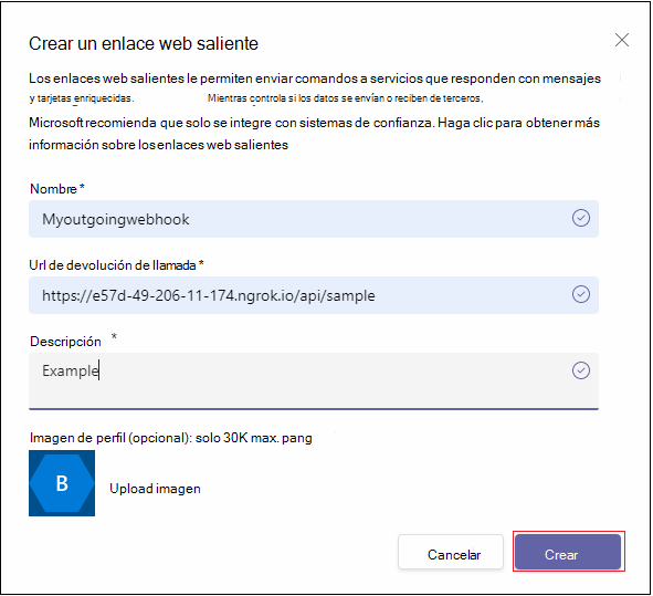 Captura de pantalla de la página Crear un webhook saliente con la opción Crear resaltada en rojo.
