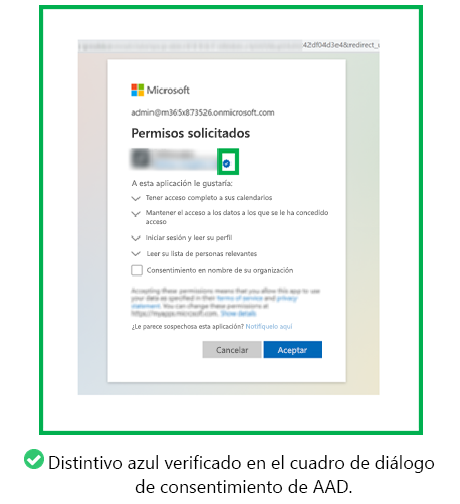 El gráfico muestra un ejemplo de una notificación verificada azul en el cuadro de diálogo de consentimiento de Microsoft Entra.