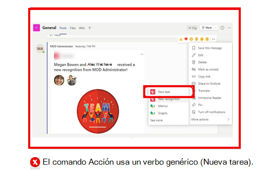 El gráfico muestra un ejemplo de verbo genérico para un comando de acción.