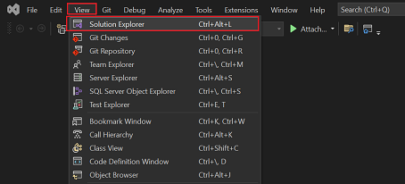 Captura de pantalla que muestra la opción Ver para seleccionar Explorador de soluciones.