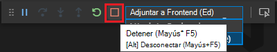 Captura de pantalla que muestra la opción Detener depuración.