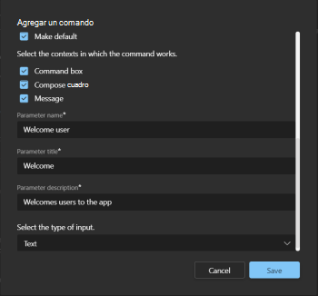 Captura de pantalla de la imagen que muestra los detalles restantes en el cuadro de diálogo Agregar un comando.