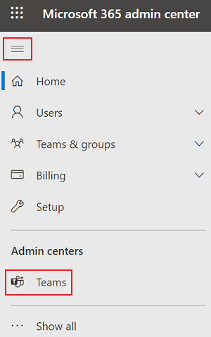 Captura de pantalla que muestra el cliente de Teams en el panel izquierdo del centro de Administración de Microsoft 365.