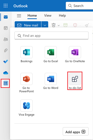 Captura de pantalla que muestra la opción Aplicaciones en la barra lateral de outlook.com para ver la aplicación de pestaña instalada.