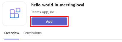 Captura de pantalla del cuadro de diálogo de detalles de la aplicación con la opción Agregar para agregar la aplicación de reunión en Microsoft Teams.