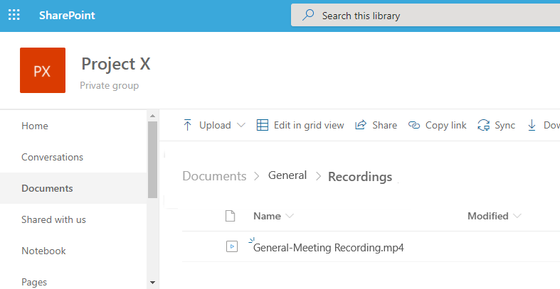Captura de pantalla de la ubicación de SharePoint para almacenar grabaciones de reuniones.
