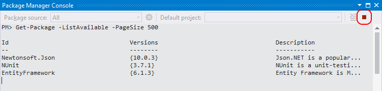 Screenshot that shows the Package Manager Console stop control.