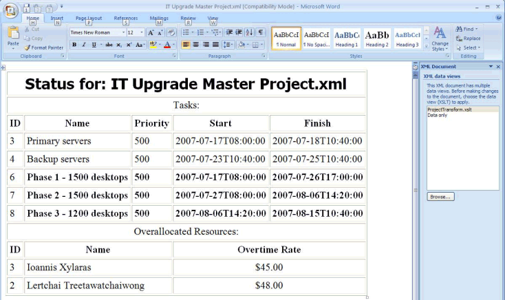 Archivo XML de Project transformado