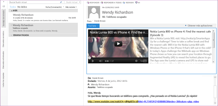 Aplicación de correo de YouTube en Outlook