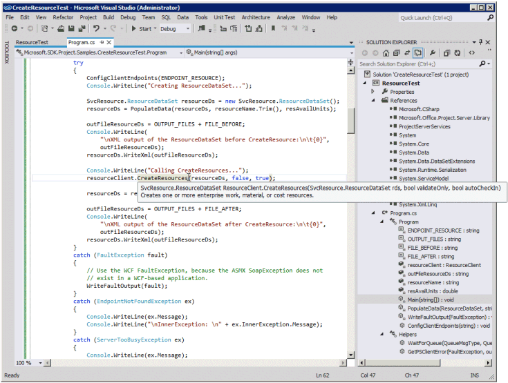 Uso de IntelliSense para el método ReadResource