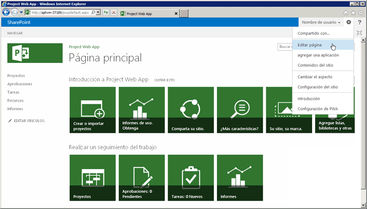 Edición de la página principal en Project Web Access