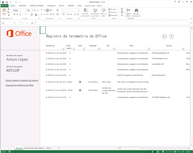 Visor de eventos de Office que muestra registros.