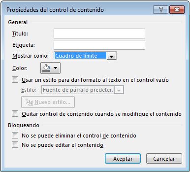 Captura de pantalla del cuadro de diálogo Propiedades del control de contenido