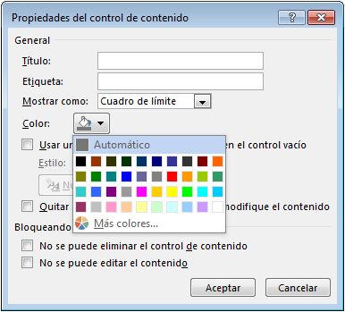 Cuadro de diálogo Propiedades de control de contenido