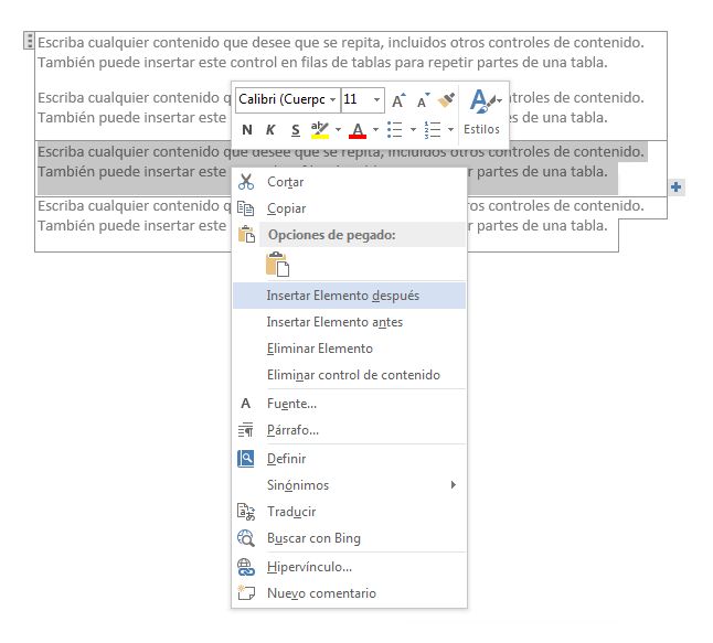 Captura de pantalla de contexto de control de contenido de sección repetición