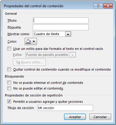 Captura de pantalla del cuadro de diálogo Propiedades de control ontent Cuadro de diálogo Propiedades de