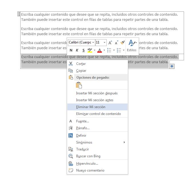 Contexto de control de contenido de sección repetición