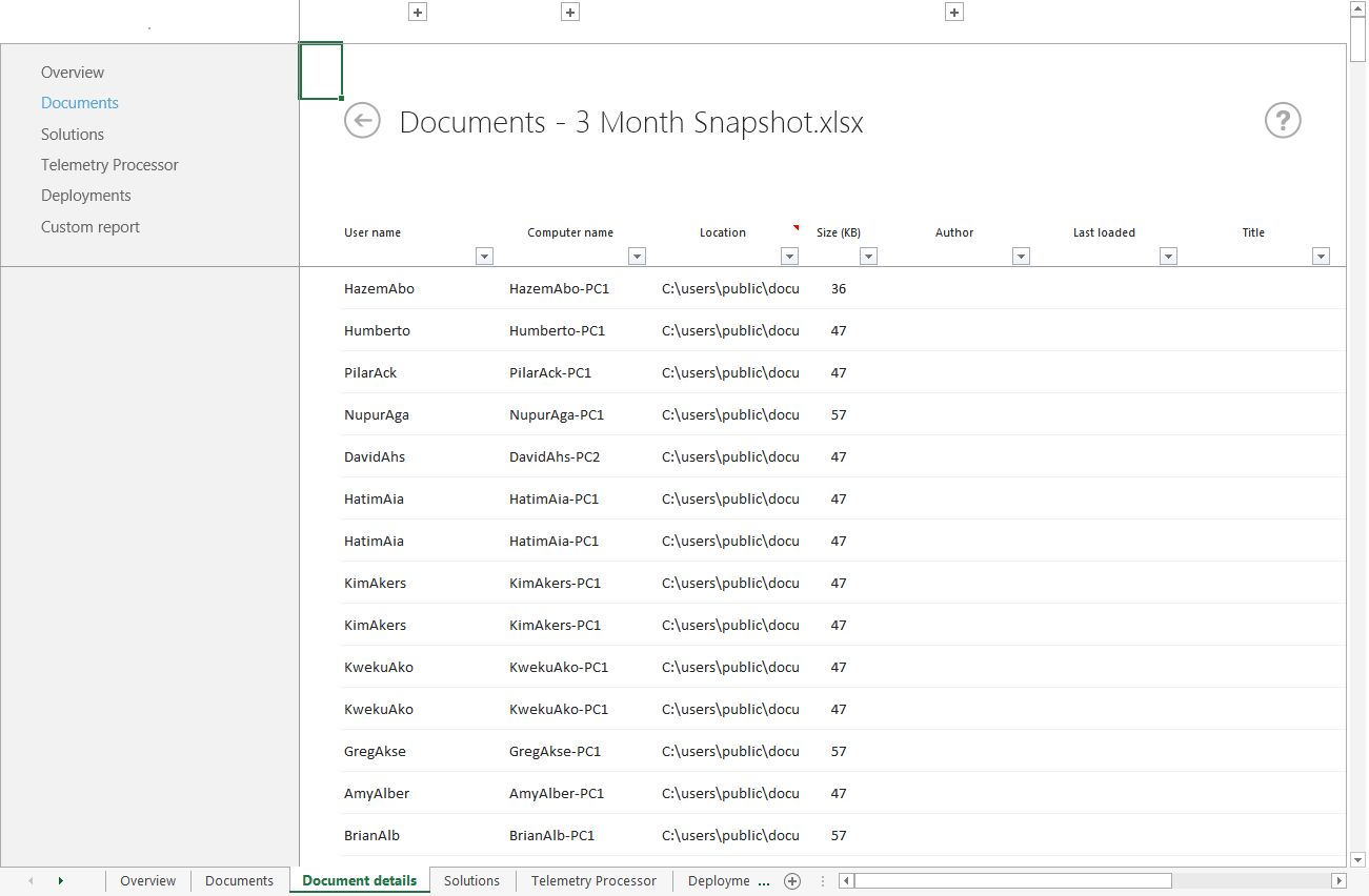 Captura de pantalla de los detalles del documento de tres Snapshot.xlsx mes, incluida la información de usuario y equipo.