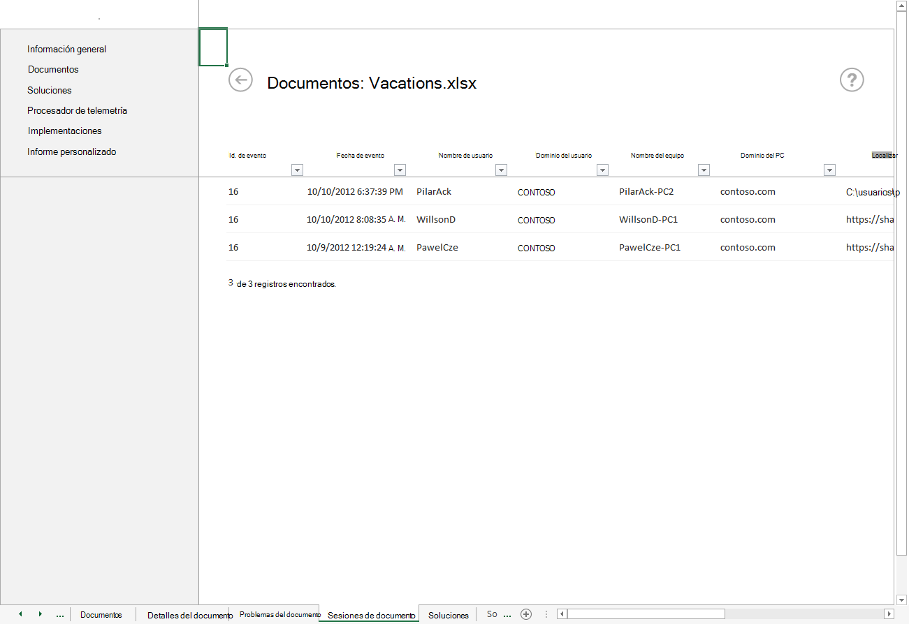 Captura de pantalla de sesiones de documentos para Vacations.xlsx con detalles del evento e información del usuario.