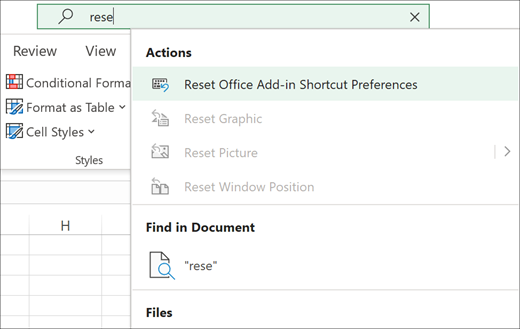 El cuadro de búsqueda Dime en Excel que muestra la acción restablecer las preferencias de acceso directo del complemento de Office.