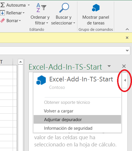 Menú Asociar depurador en el panel de tareas del complemento.