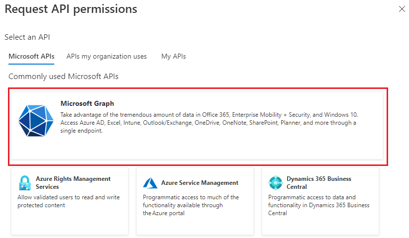 El panel Solicitar permisos de API con el botón Microsoft Graph.