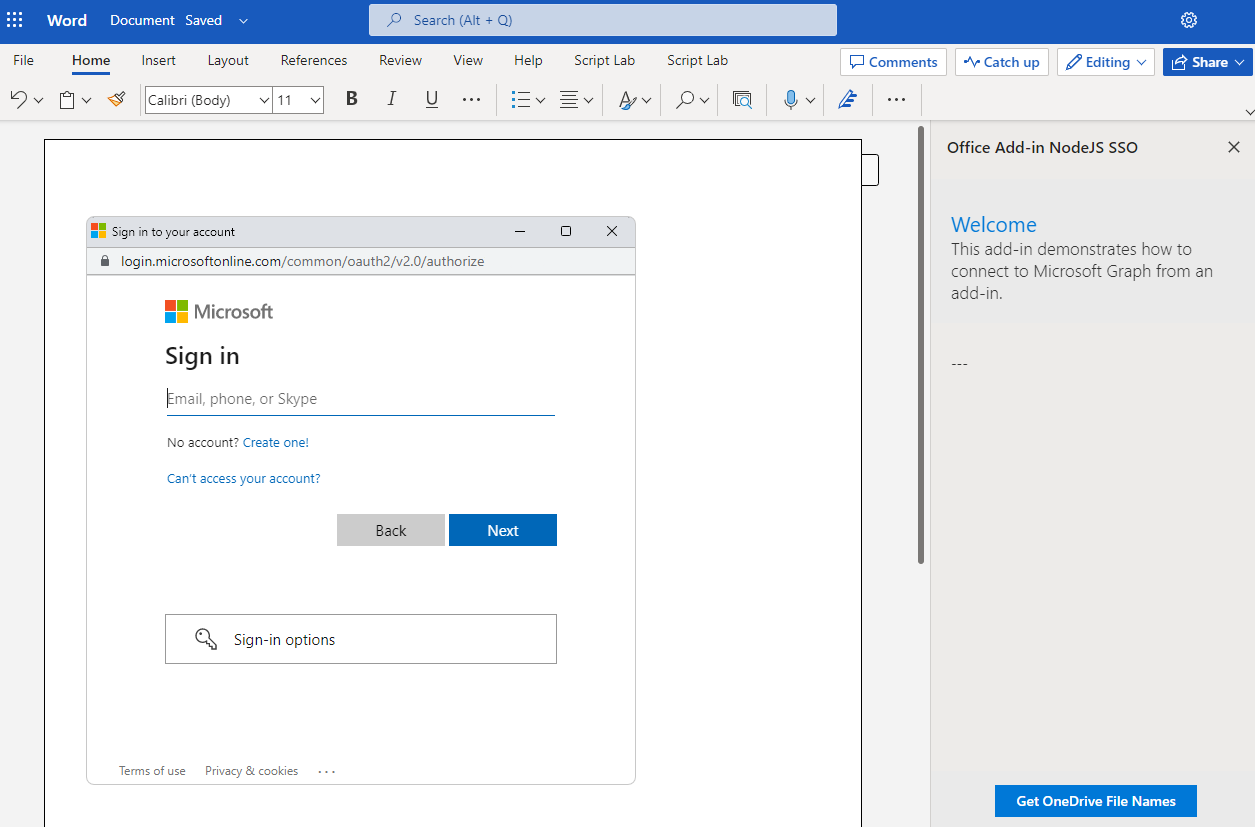 Cuadro de diálogo de inicio de sesión con Plataforma de identidad de Microsoft en Word.