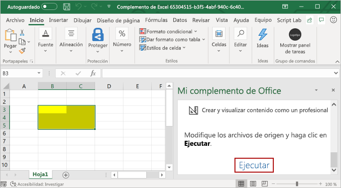 Excel con el panel de tareas del complemento abierto y el botón Ejecutar resaltado en el panel de tareas del complemento.