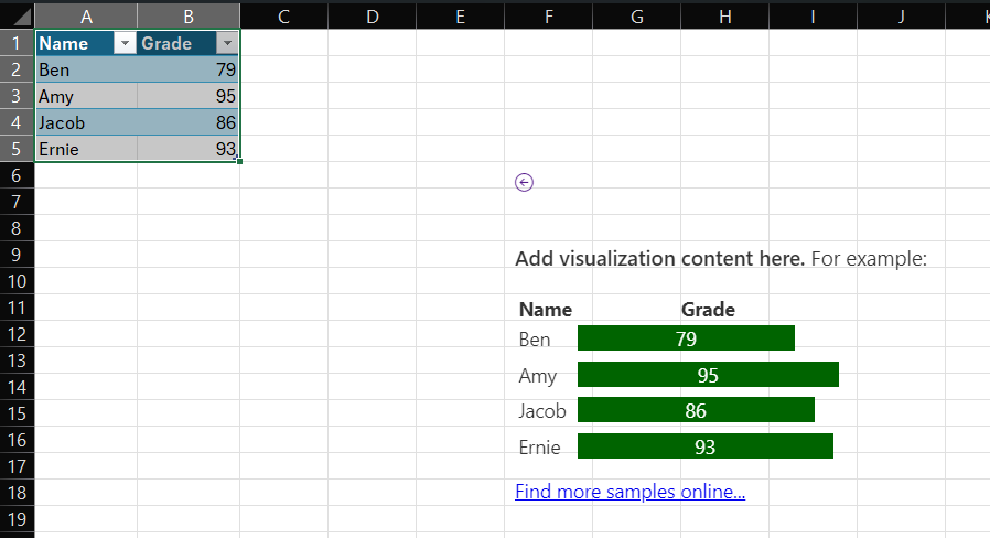 La visualización de contenido del complemento se abre en Excel.