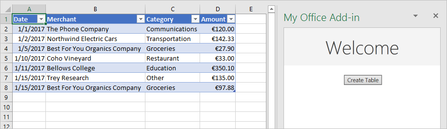 Excel muestra un panel de tareas de complemento con un botón Crear tabla y una tabla en la hoja de cálculo rellenada con datos Date, Merchant, Category y Amount.