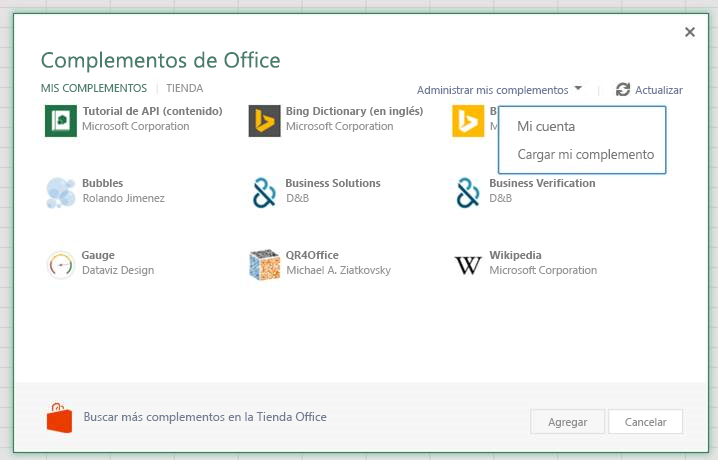 El cuadro de diálogo Complementos de Office con una lista desplegable en la esquina superior derecha que lee 