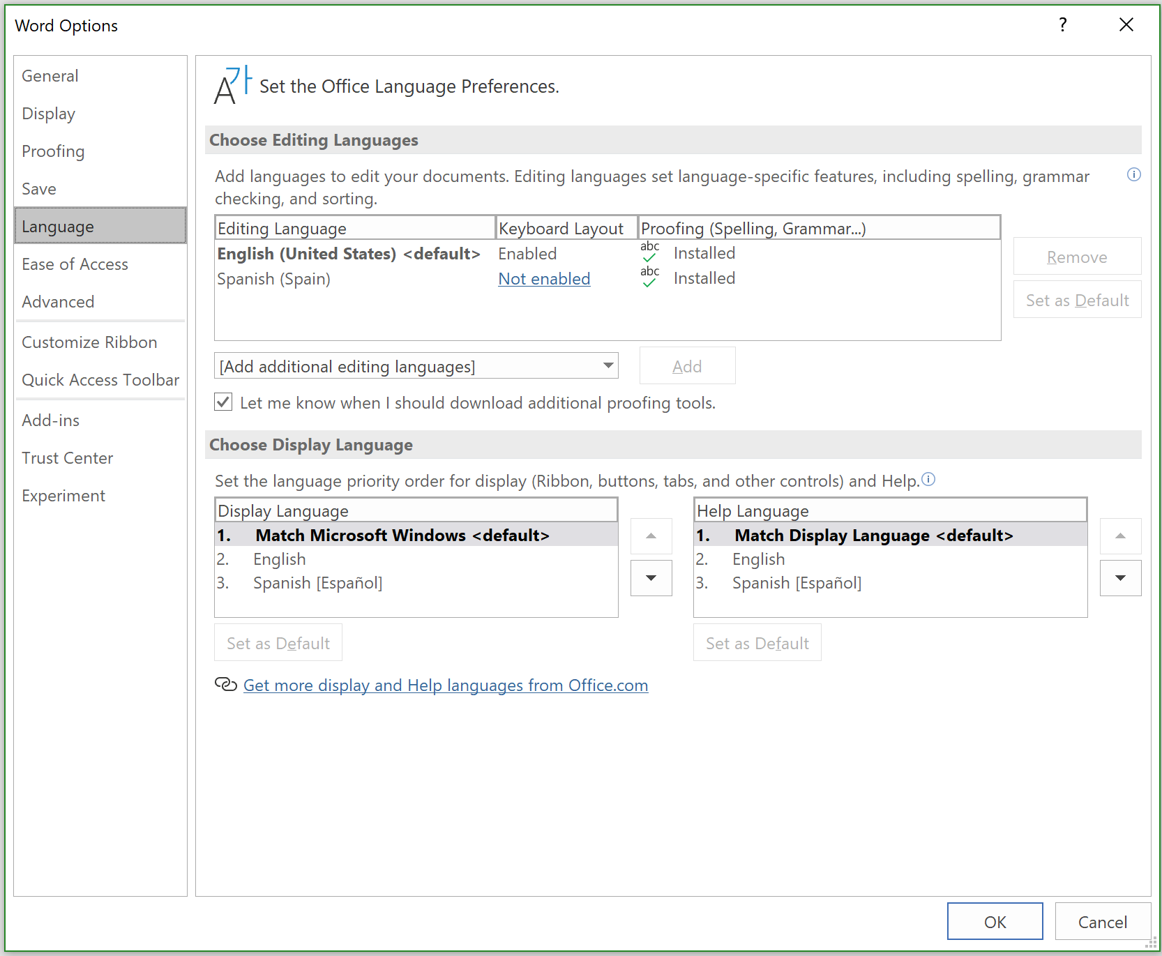 Cuadro de diálogo Opciones de Word.