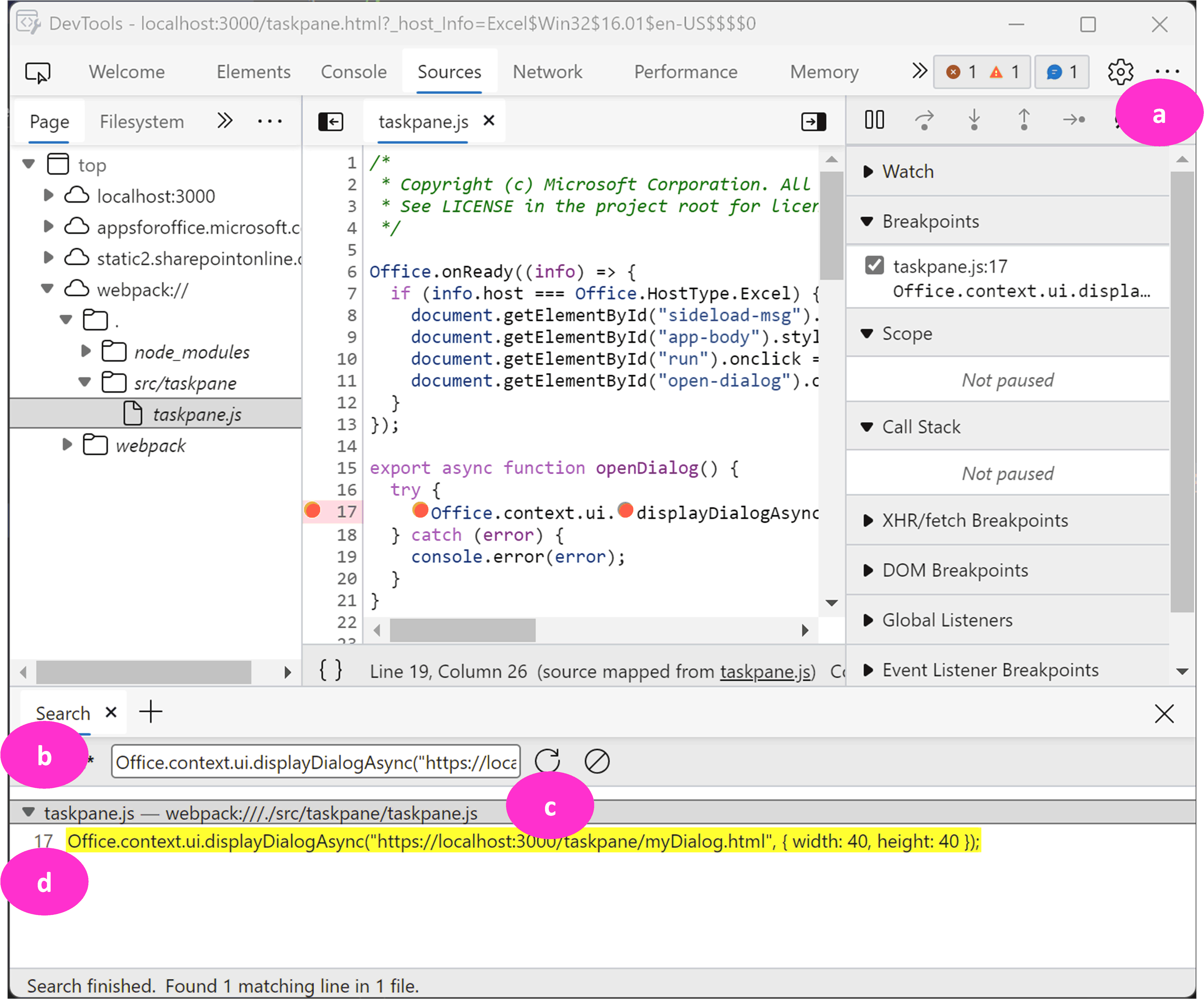 Pestaña de origen de las herramientas de desarrollo de Edge Chromium con 4 elementos etiquetados de A a D.