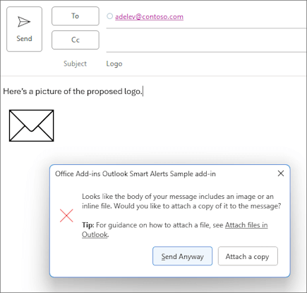 Cuadro de diálogo Alertas inteligentes con la opción Enviar de todos modos disponible en tiempo de ejecución en Outlook clásico en Windows anterior a la versión 2412 (compilación 18324.20000).