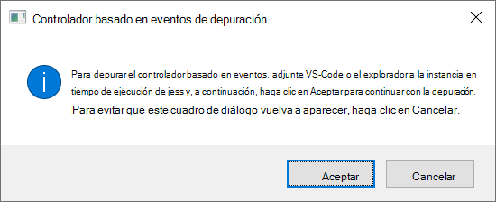 Cuadro de diálogo Depurar controlador basado en eventos en Windows.