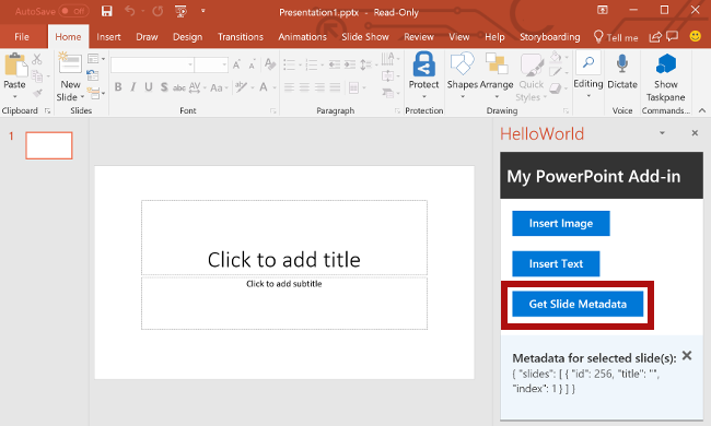 El botón Obtener metadatos de diapositiva resaltado en el complemento.