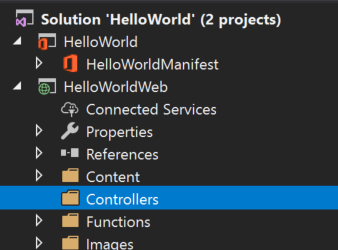 El Explorador de soluciones de Visual Studio que muestra la carpeta Controladores resaltada en el proyecto HelloWorldWeb.