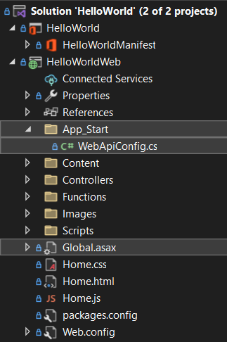 La ventana Explorador de soluciones de Visual Studio que muestra los archivos scaffolding resaltados en el proyecto HelloWorldWeb.