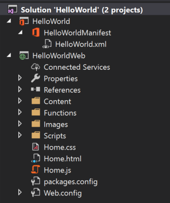 El Explorador de soluciones de Visual Studio donde se muestra HelloWorld y HelloWorldWeb, los 2 proyectos de la solución HelloWorld.