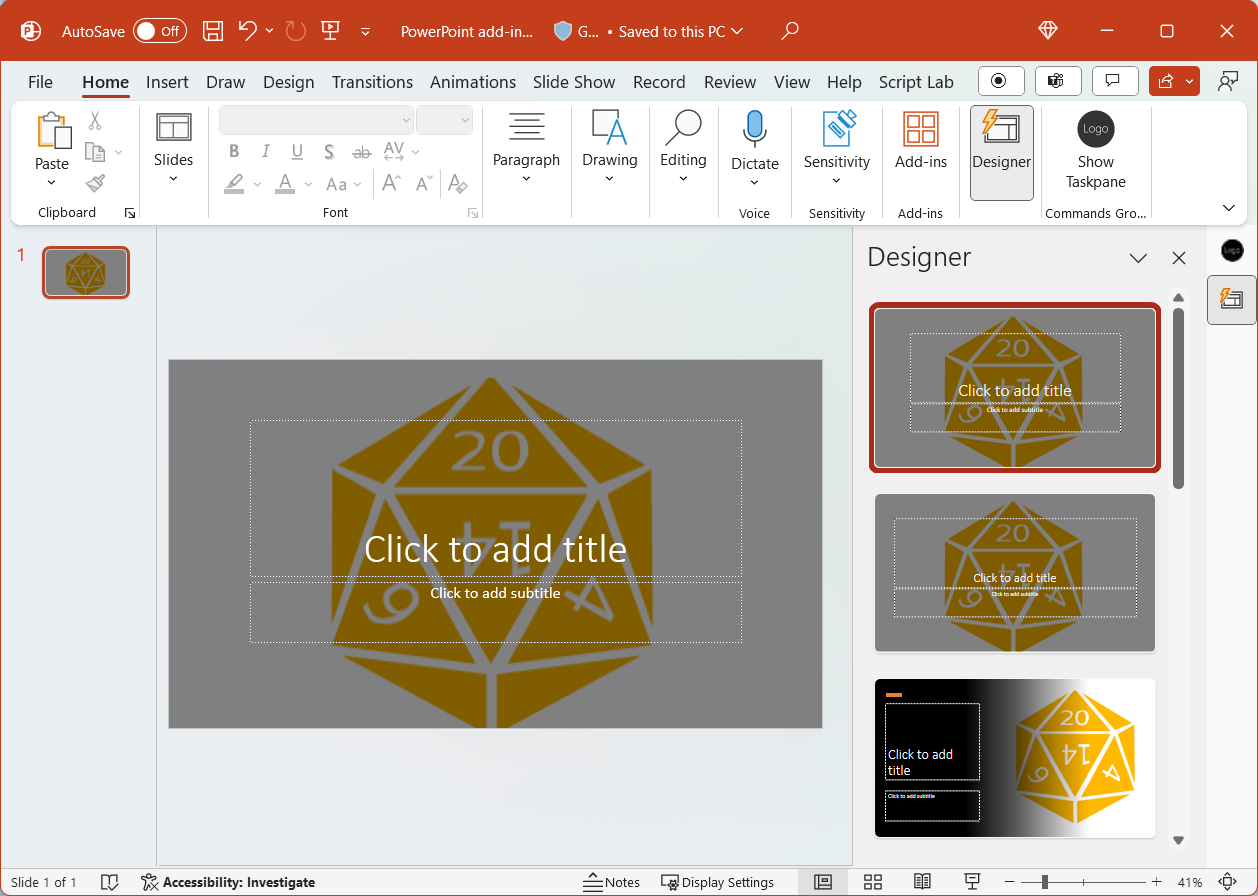 La diapositiva de título de PowerPoint seleccionada resaltada en el complemento.