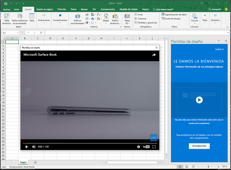 Vídeo que se reproduce en un cuadro de diálogo de complemento delante de Excel.