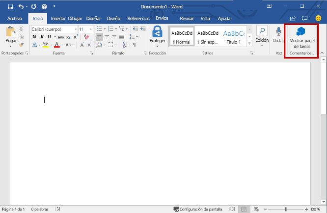 La aplicación word con el botón Mostrar panel de tareas resaltado.