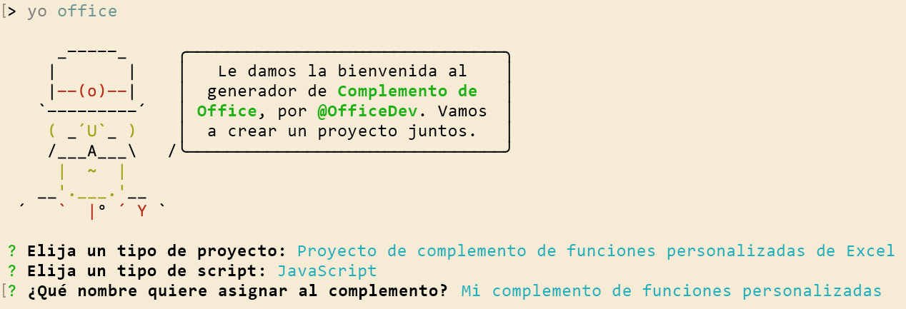 La interfaz de la línea de comandos del generador de complementos de Office de Yeoman solicita proyectos de funciones personalizadas.